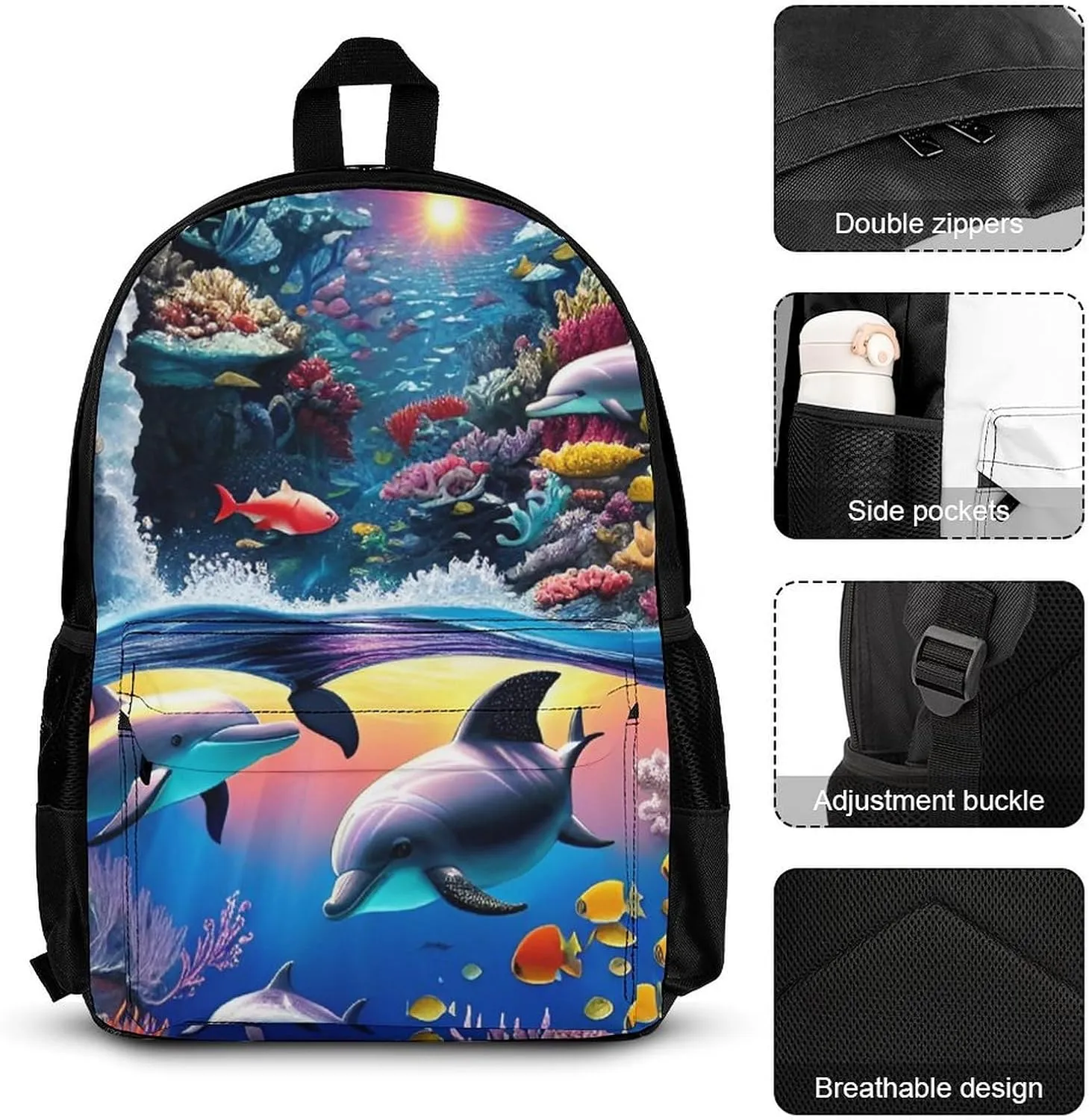 Supdreamc 3 Piece Backpack Sets, Magical Underwater World Of Dolphins And Fish Art Carry On Bag Lunch Bag Pencil Case, College Bookbag, Travel Hiking Daypack Computer Bag, One Size