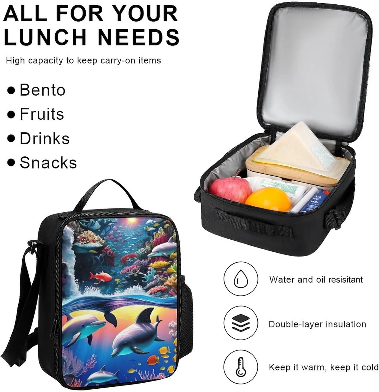 Supdreamc 3 Piece Backpack Sets, Magical Underwater World Of Dolphins And Fish Art Carry On Bag Lunch Bag Pencil Case, College Bookbag, Travel Hiking Daypack Computer Bag, One Size