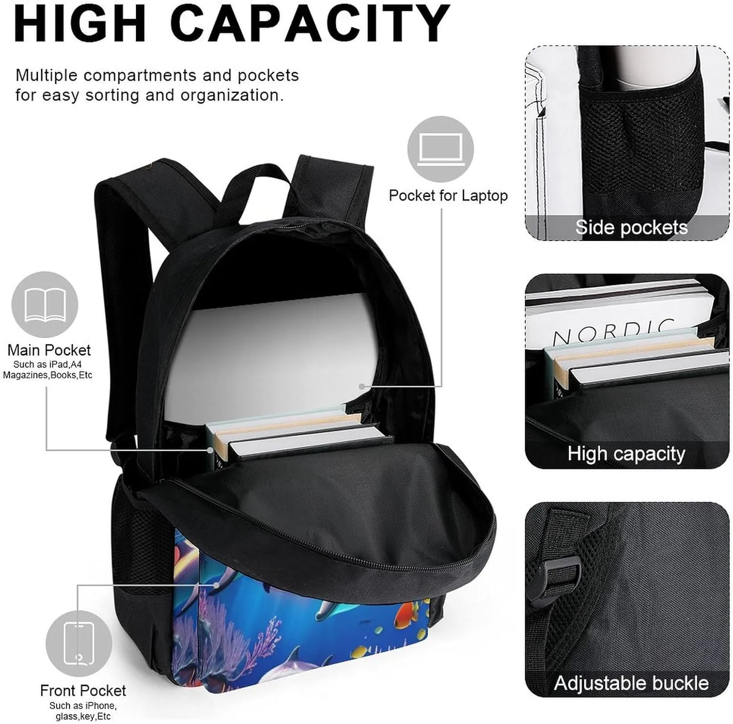 Supdreamc 3 Piece Backpack Sets, Magical Underwater World Of Dolphins And Fish Art Carry On Bag Lunch Bag Pencil Case, College Bookbag, Travel Hiking Daypack Computer Bag, One Size
