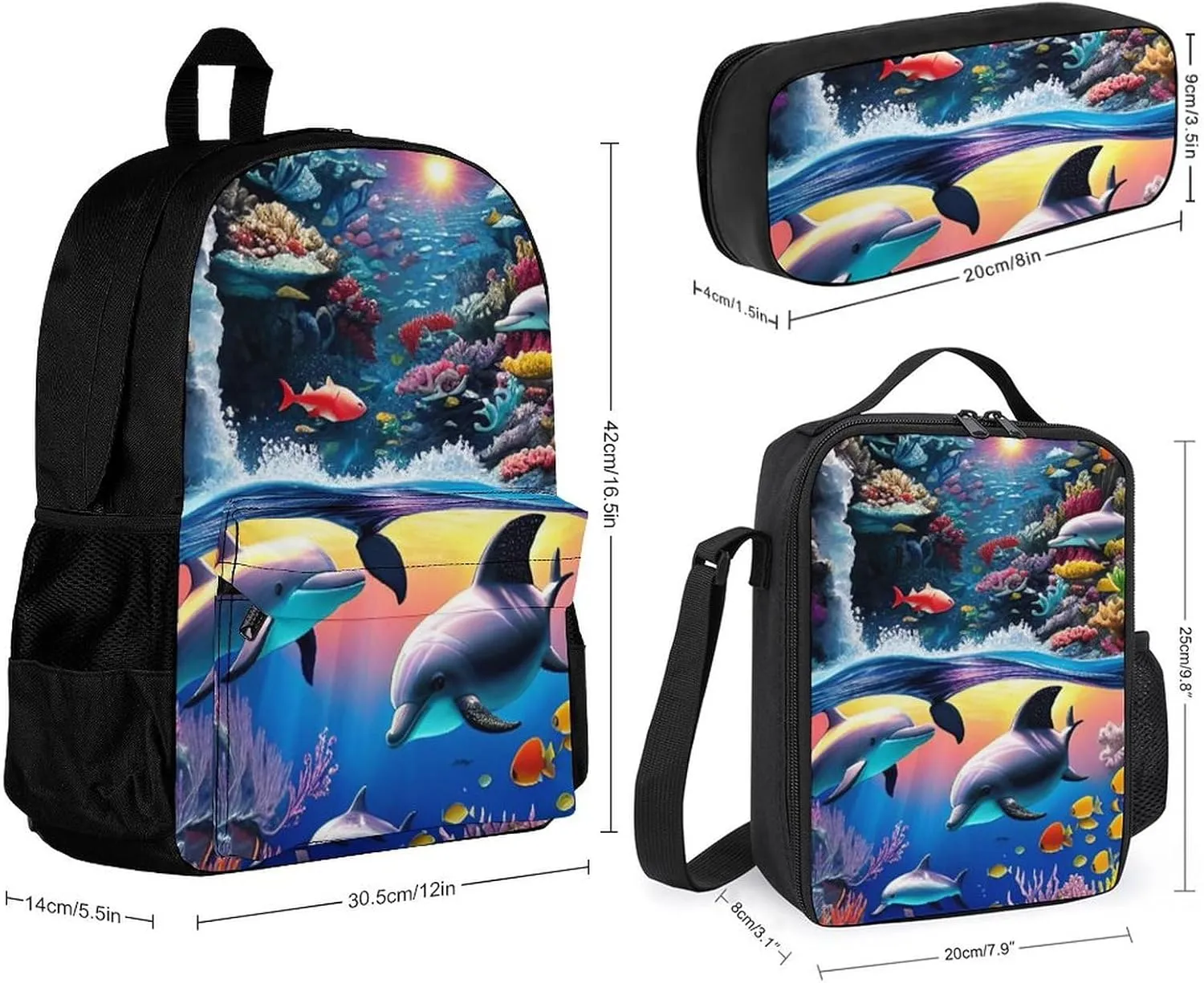 Supdreamc 3 Piece Backpack Sets, Magical Underwater World Of Dolphins And Fish Art Carry On Bag Lunch Bag Pencil Case, College Bookbag, Travel Hiking Daypack Computer Bag, One Size
