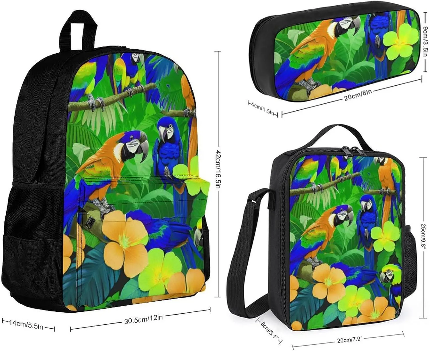 Supdreamc 3 Piece Daypack Big Capacity Shoulder Bag Backpack for Outdoors Bicycle - Macaw Birds Amazon Rainforest Art, Travel Hiking Daypack