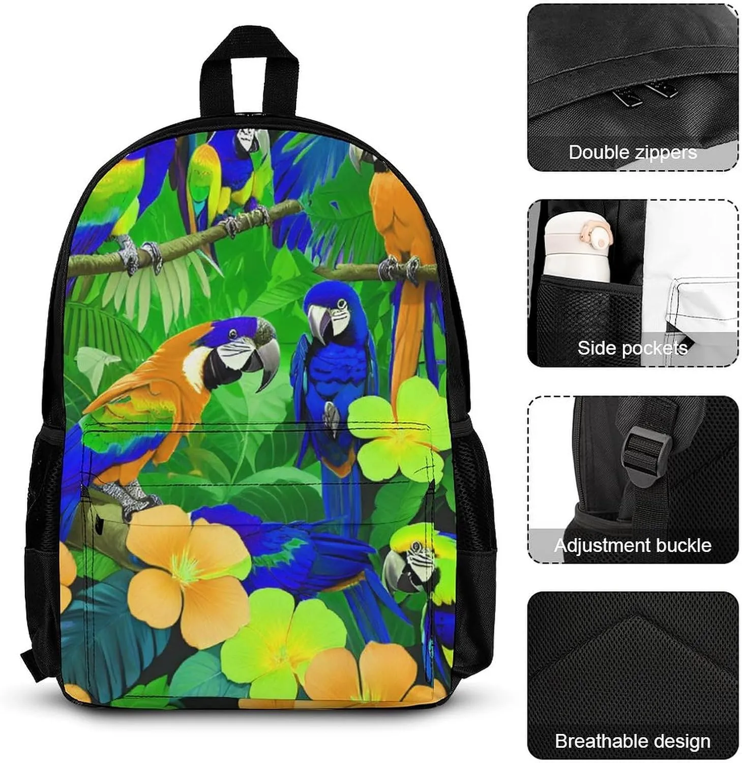 Supdreamc 3 Piece Daypack Big Capacity Shoulder Bag Backpack for Outdoors Bicycle - Macaw Birds Amazon Rainforest Art, Travel Hiking Daypack