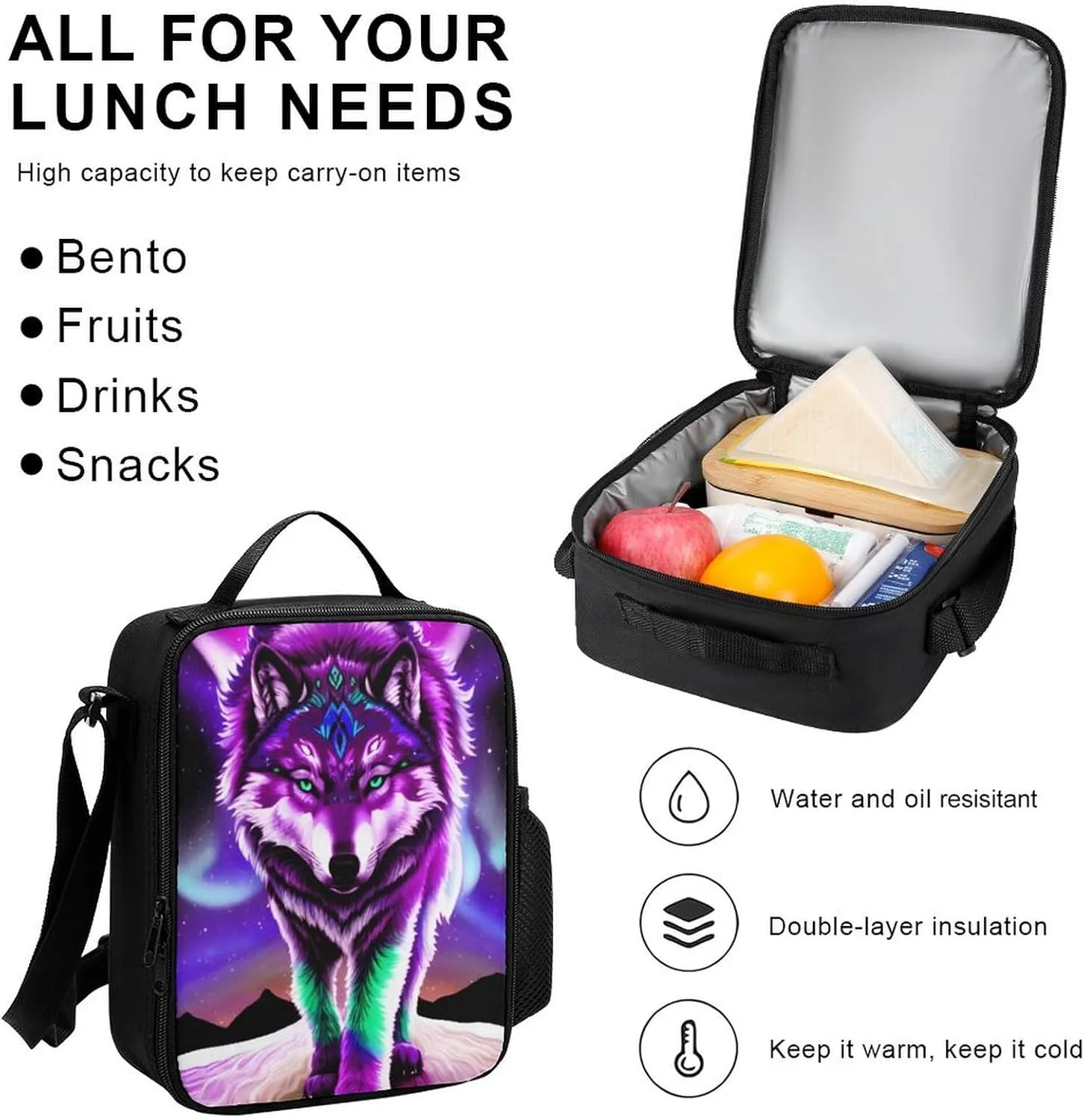 Supdreamc 3 Piece Daypack Mountain And Northern Light Wolves Psychedelic Art Travel Hiking Bag & Day Pack - Big Capacity Multipurpose Bookbag Lunch Bag Pencil Case for Adult