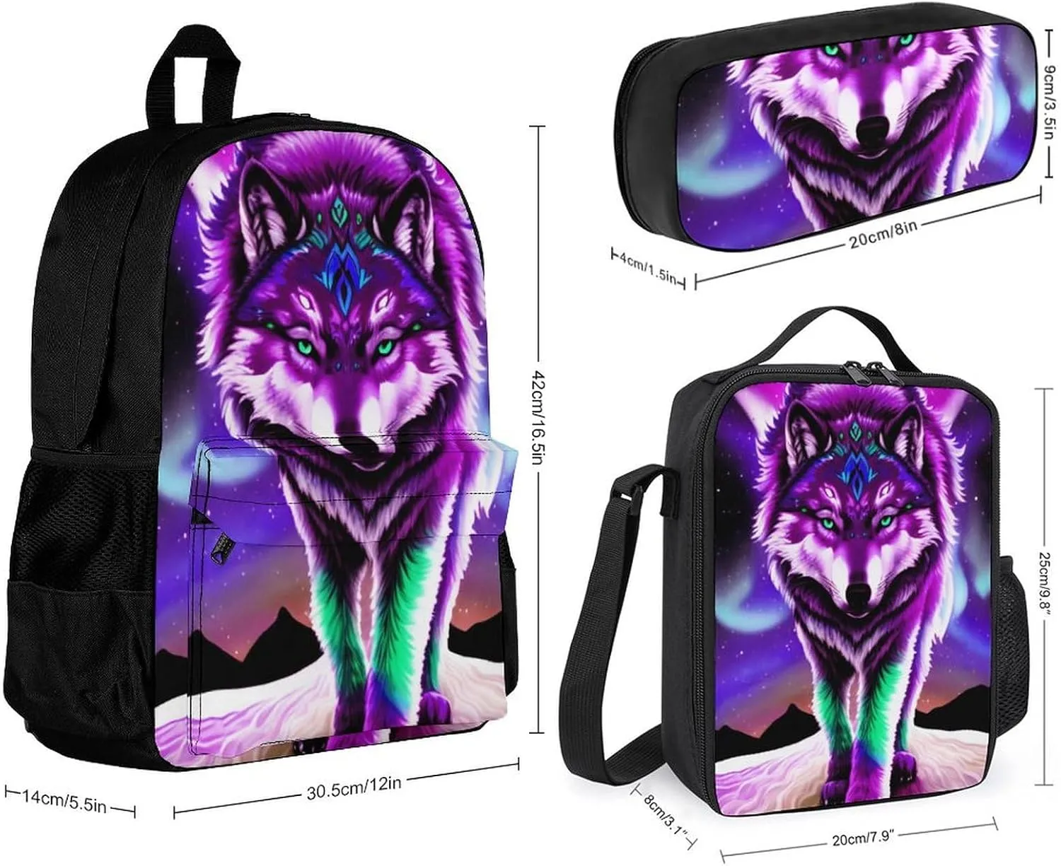 Supdreamc 3 Piece Daypack Mountain And Northern Light Wolves Psychedelic Art Travel Hiking Bag & Day Pack - Big Capacity Multipurpose Bookbag Lunch Bag Pencil Case for Adult