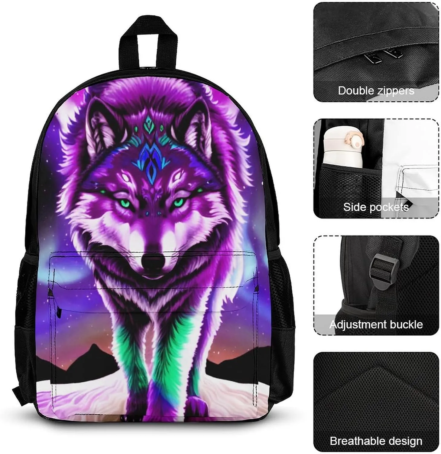 Supdreamc 3 Piece Daypack Mountain And Northern Light Wolves Psychedelic Art Travel Hiking Bag & Day Pack - Big Capacity Multipurpose Bookbag Lunch Bag Pencil Case for Adult
