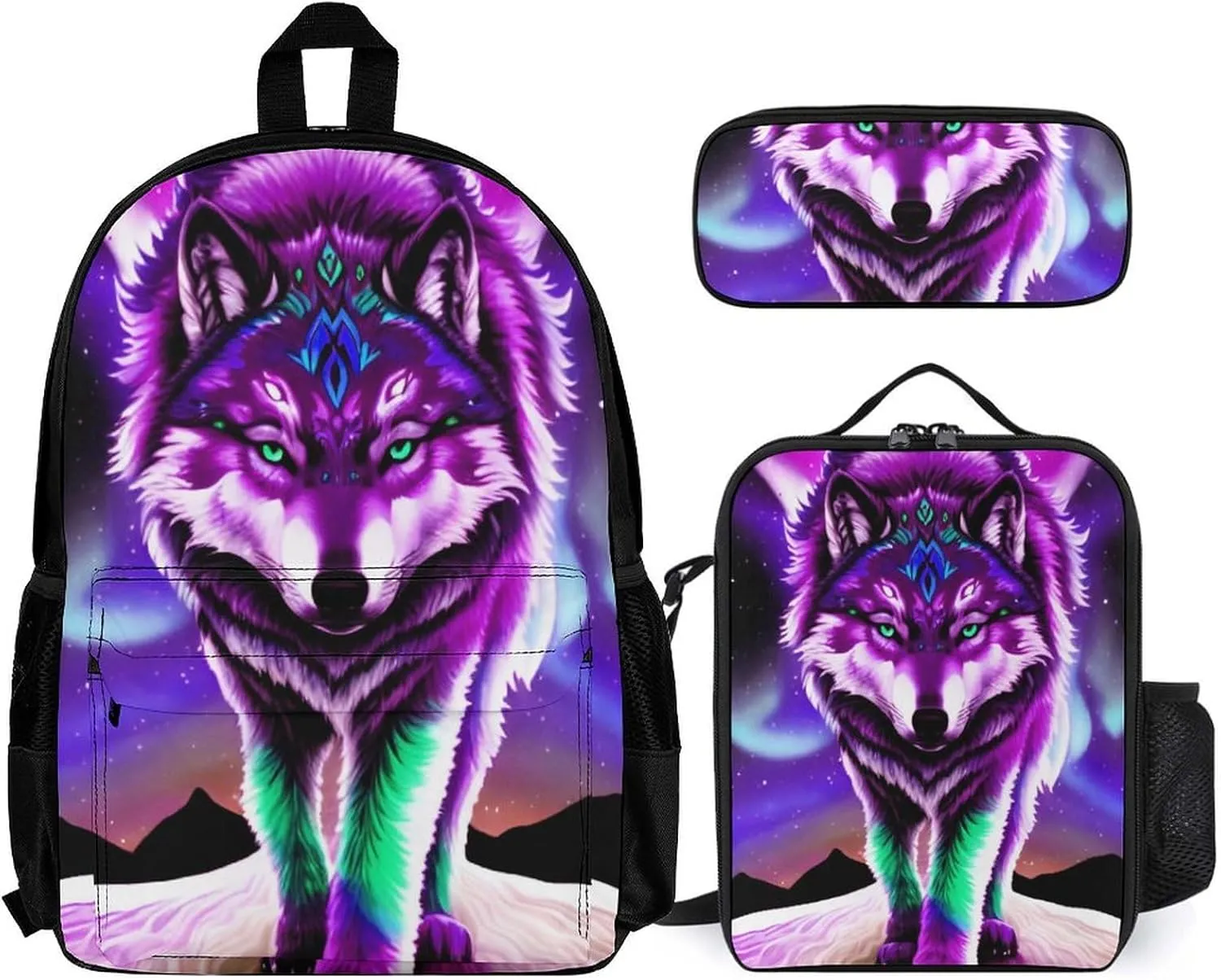 Supdreamc 3 Piece Daypack Mountain And Northern Light Wolves Psychedelic Art Travel Hiking Bag & Day Pack - Big Capacity Multipurpose Bookbag Lunch Bag Pencil Case for Adult