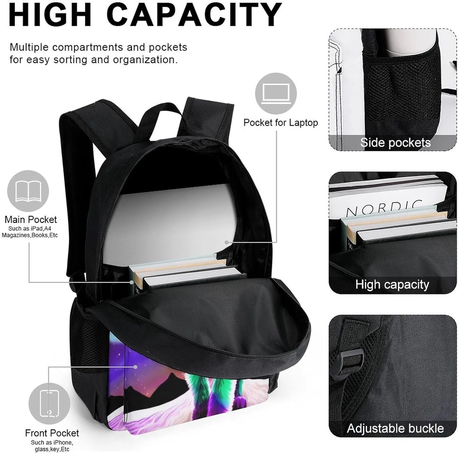 Supdreamc 3 Piece Daypack Mountain And Northern Light Wolves Psychedelic Art Travel Hiking Bag & Day Pack - Big Capacity Multipurpose Bookbag Lunch Bag Pencil Case for Adult