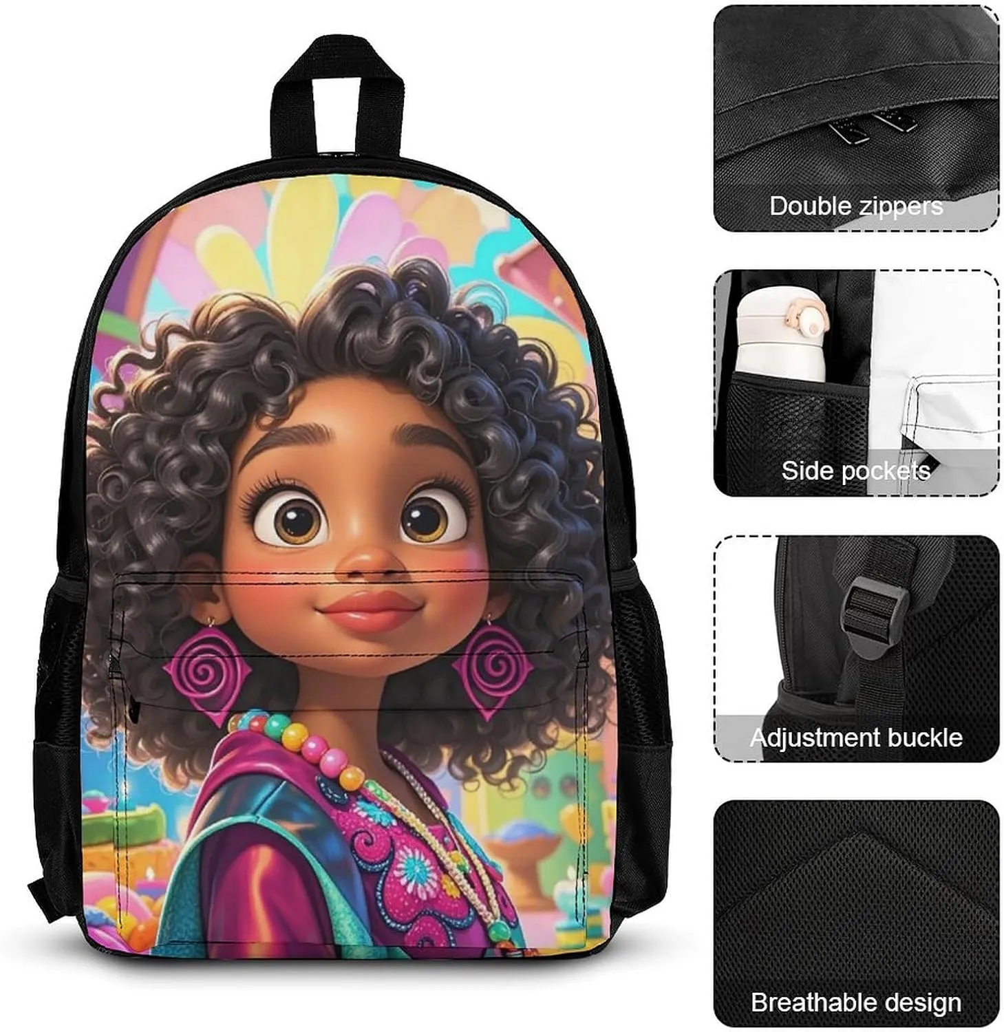 Supdreamc Camping Picnic Walking Cycling Backpack Sets Daypack 3 Pcs Anti-Theft Multipurpose Backpack Sets Large Capacity Bookbag, Chic Cartoon Black Woman African American Woman Art