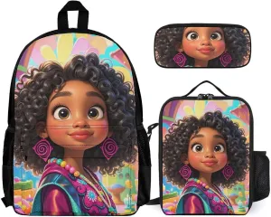 Supdreamc Camping Picnic Walking Cycling Backpack Sets Daypack 3 Pcs Anti-Theft Multipurpose Backpack Sets Large Capacity Bookbag, Chic Cartoon Black Woman African American Woman Art