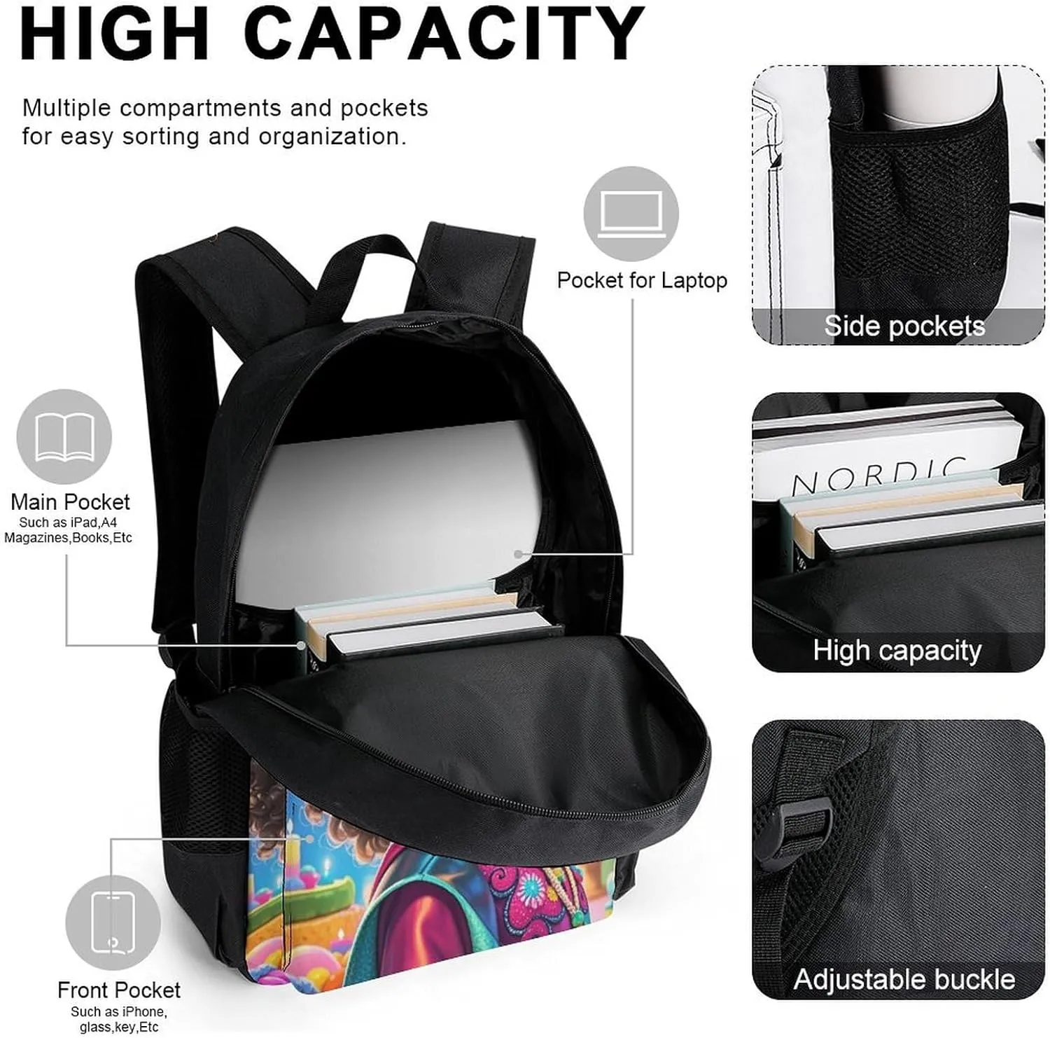Supdreamc Camping Picnic Walking Cycling Backpack Sets Daypack 3 Pcs Anti-Theft Multipurpose Backpack Sets Large Capacity Bookbag, Chic Cartoon Black Woman African American Woman Art