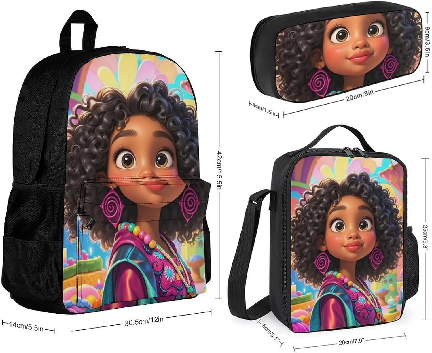Supdreamc Camping Picnic Walking Cycling Backpack Sets Daypack 3 Pcs Anti-Theft Multipurpose Backpack Sets Large Capacity Bookbag, Chic Cartoon Black Woman African American Woman Art