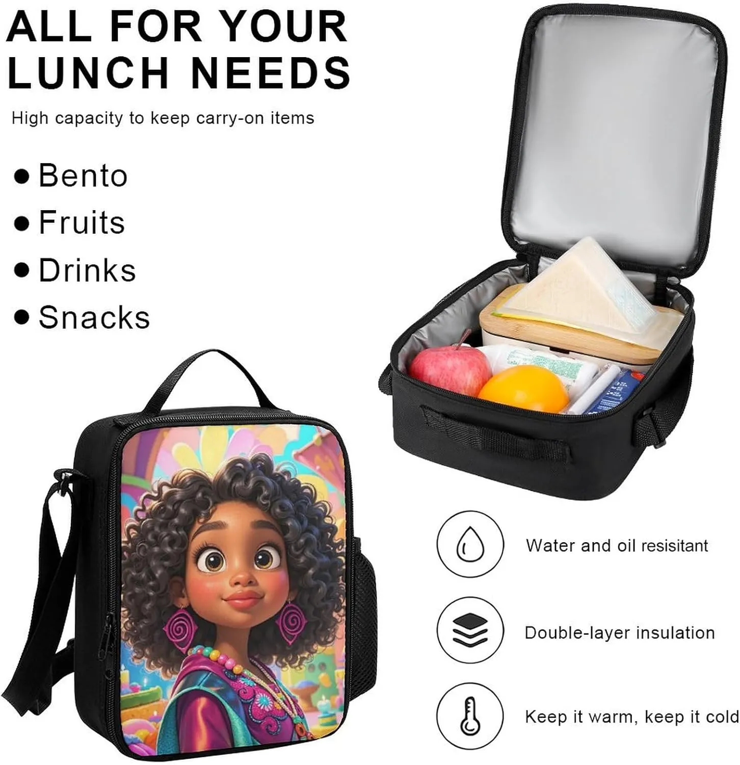 Supdreamc Camping Picnic Walking Cycling Backpack Sets Daypack 3 Pcs Anti-Theft Multipurpose Backpack Sets Large Capacity Bookbag, Chic Cartoon Black Woman African American Woman Art