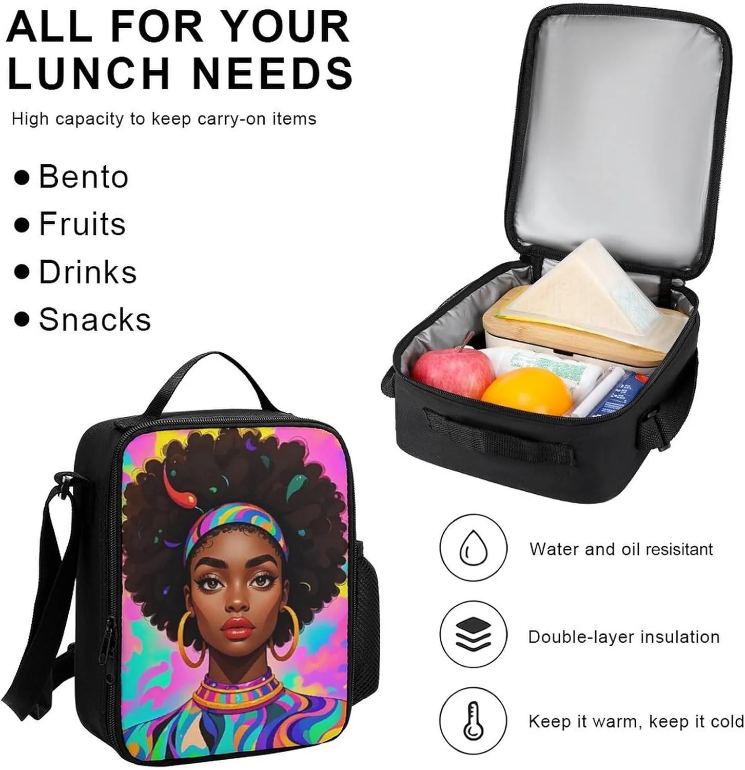 Supdreamc Travel Hiking Backpack 3 Piece Daypack Sets Shoulder Bag Rucksacks Cool African American Woman Bold And Colorful Art 3 Piece College Daypack   Lunch Bag   Pencil Bag, One Size