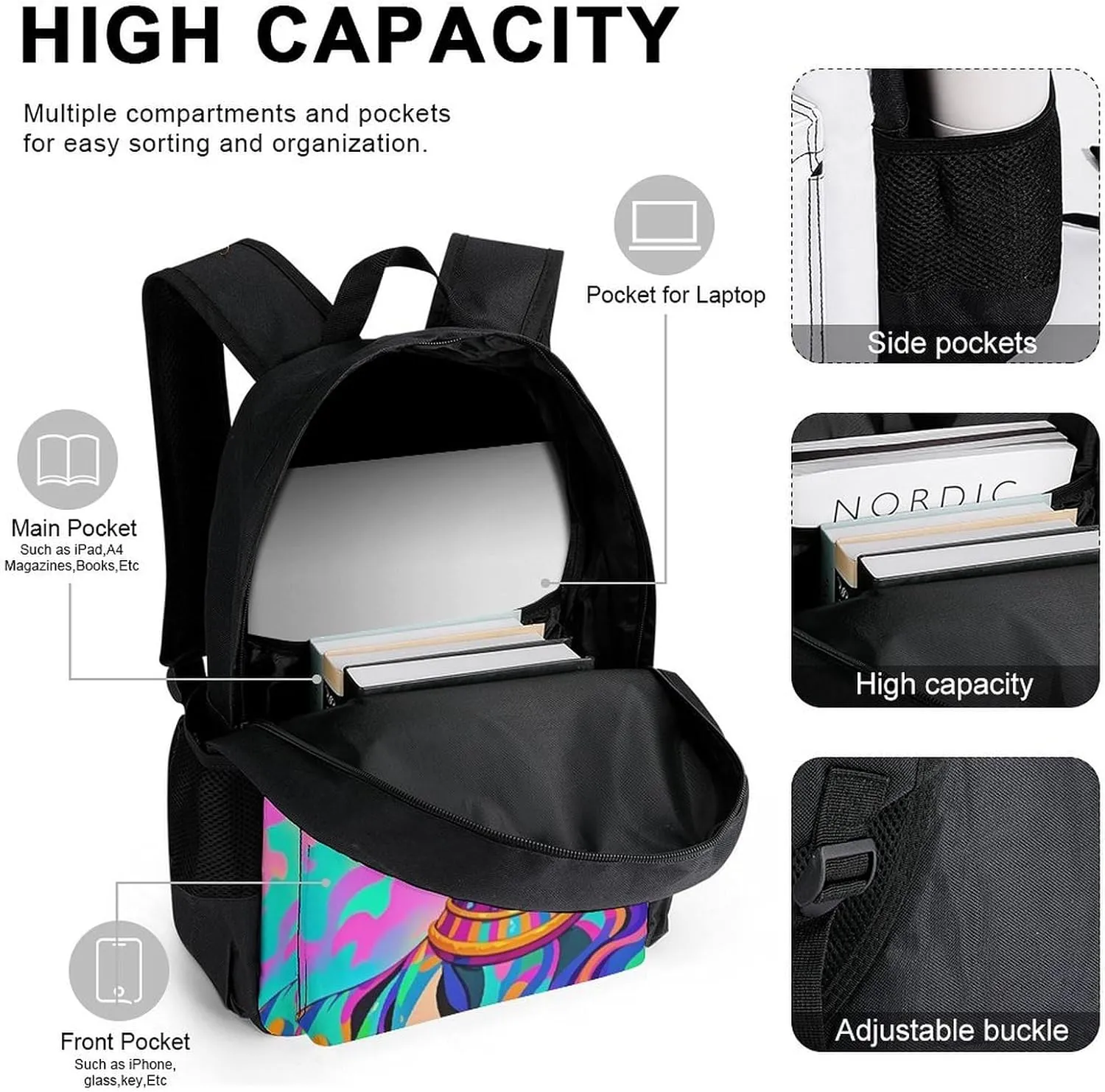 Supdreamc Travel Hiking Backpack 3 Piece Daypack Sets Shoulder Bag Rucksacks Cool African American Woman Bold And Colorful Art 3 Piece College Daypack   Lunch Bag   Pencil Bag, One Size