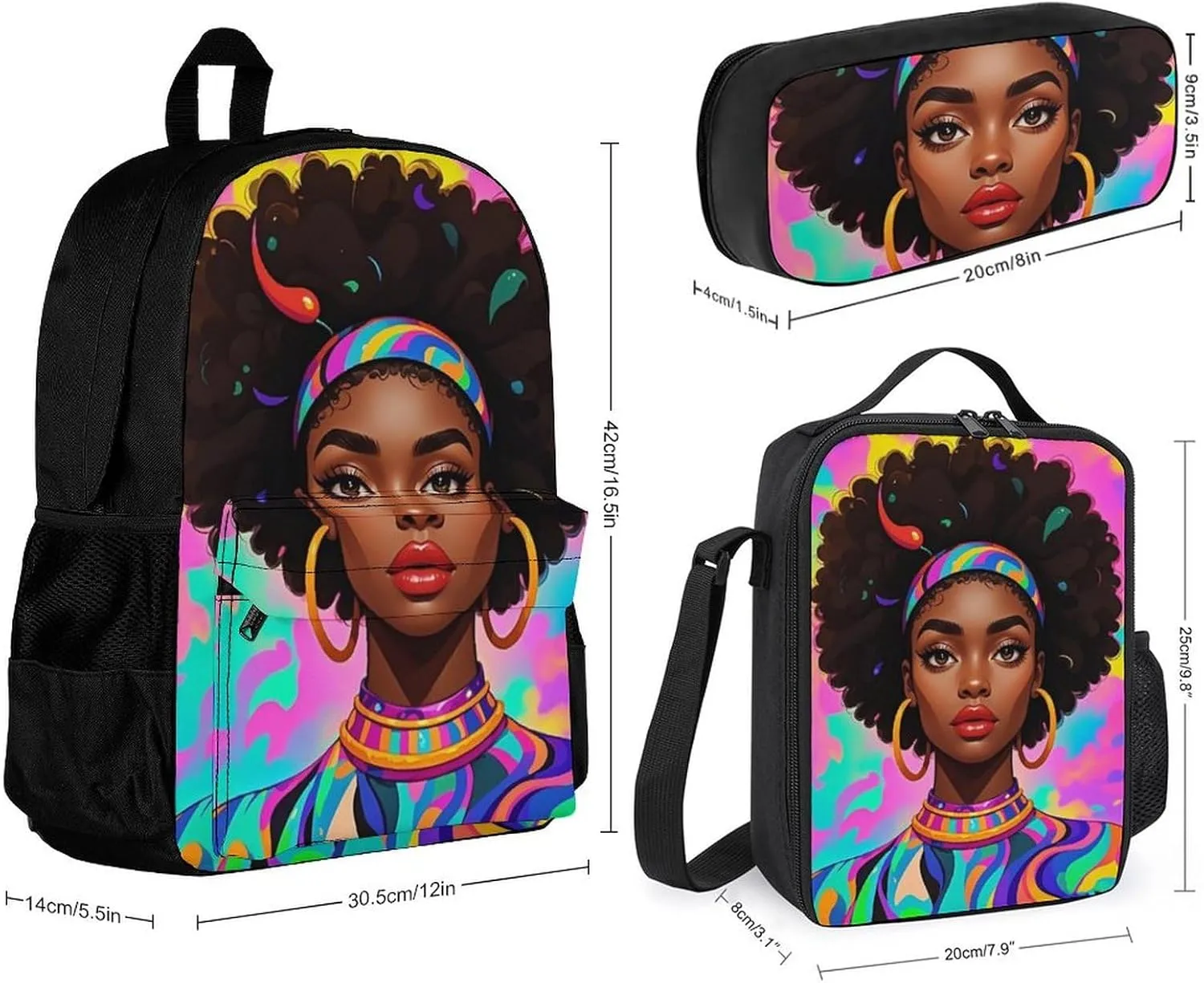 Supdreamc Travel Hiking Backpack 3 Piece Daypack Sets Shoulder Bag Rucksacks Cool African American Woman Bold And Colorful Art 3 Piece College Daypack   Lunch Bag   Pencil Bag, One Size