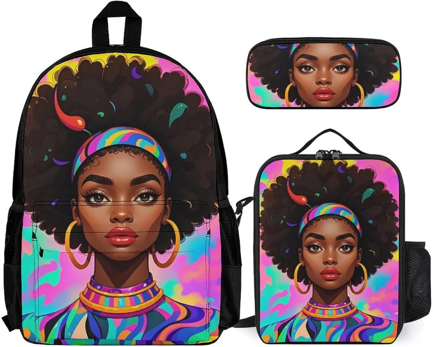 Supdreamc Travel Hiking Backpack 3 Piece Daypack Sets Shoulder Bag Rucksacks Cool African American Woman Bold And Colorful Art 3 Piece College Daypack   Lunch Bag   Pencil Bag, One Size