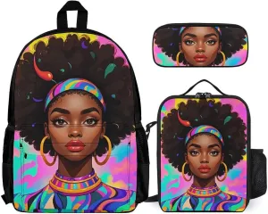 Supdreamc Travel Hiking Backpack 3 Piece Daypack Sets Shoulder Bag Rucksacks Cool African American Woman Bold And Colorful Art 3 Piece College Daypack   Lunch Bag   Pencil Bag, One Size