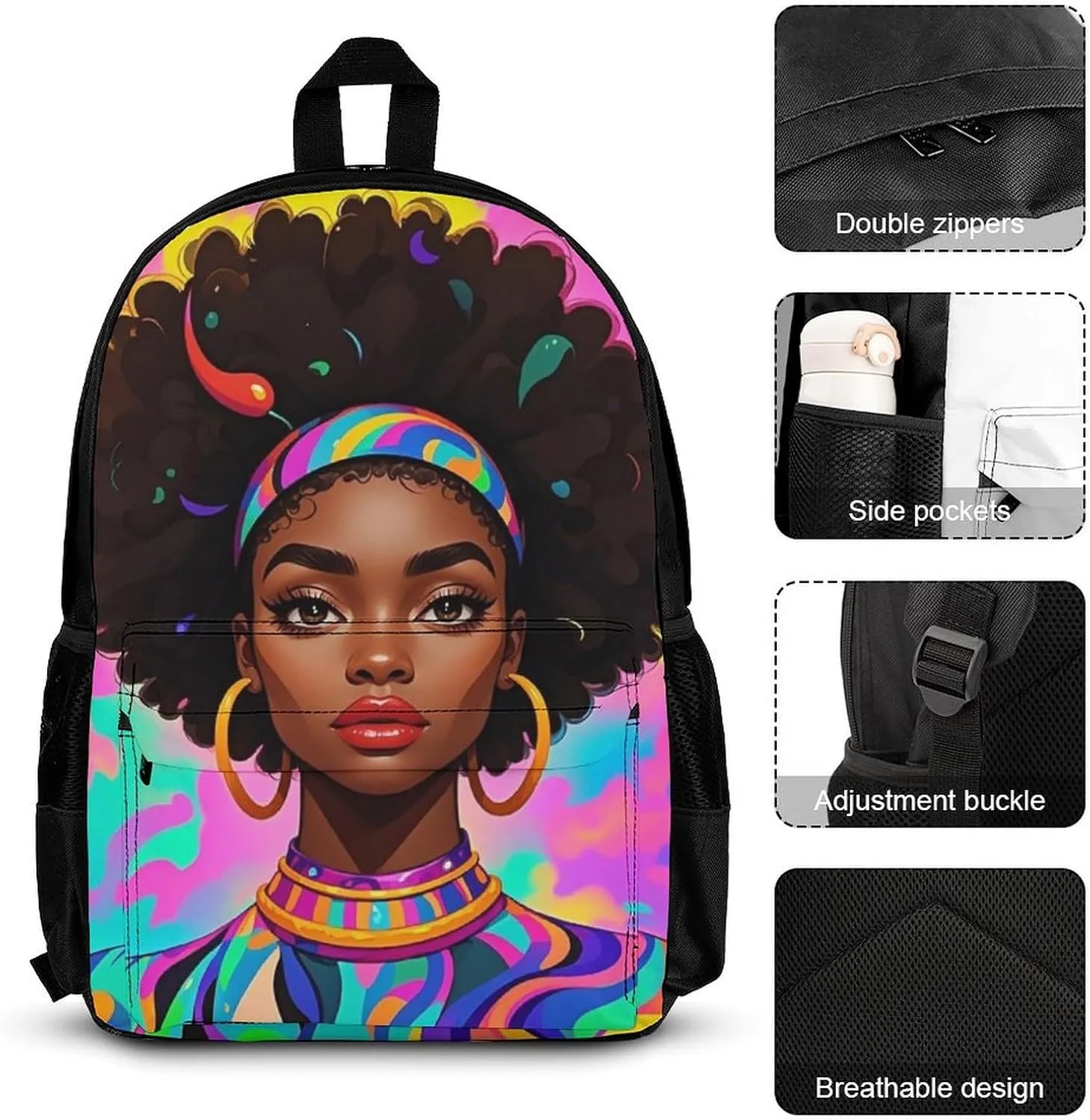 Supdreamc Travel Hiking Backpack 3 Piece Daypack Sets Shoulder Bag Rucksacks Cool African American Woman Bold And Colorful Art 3 Piece College Daypack   Lunch Bag   Pencil Bag, One Size