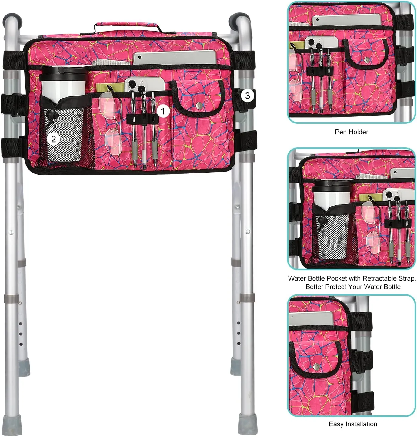 supregear Walker Bag for Seniors Folding Walker Accessories Bag (Double Sided), Walker Basket Caddy Large Capacity Waterproof Tote with 9 Pockets and Cup Holder (Red Plaid)
