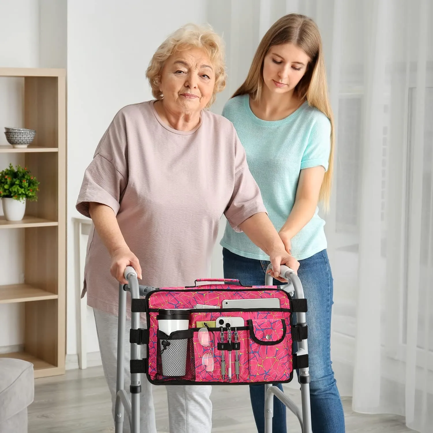 supregear Walker Bag for Seniors Folding Walker Accessories Bag (Double Sided), Walker Basket Caddy Large Capacity Waterproof Tote with 9 Pockets and Cup Holder (Red Plaid)