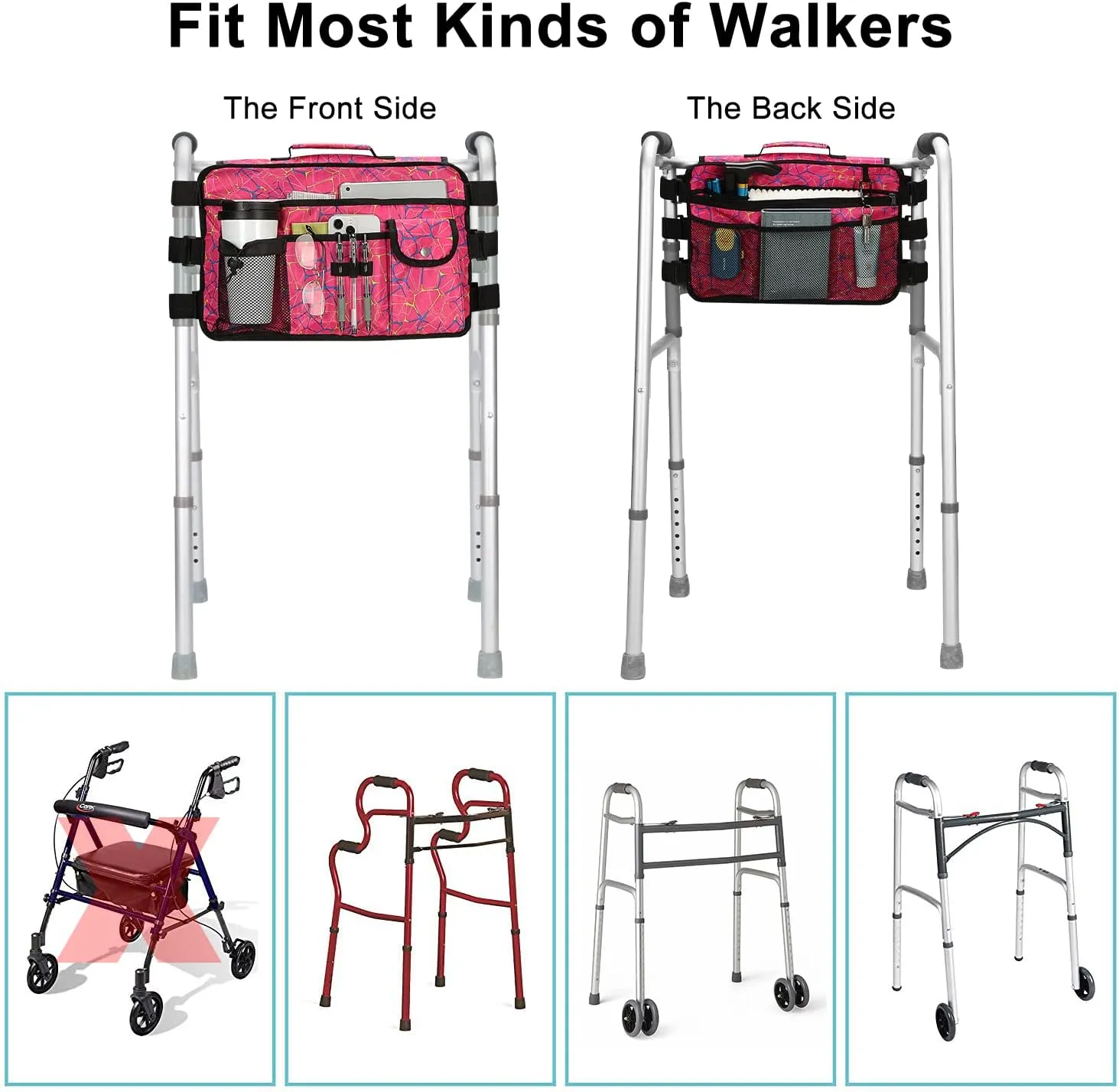 supregear Walker Bag for Seniors Folding Walker Accessories Bag (Double Sided), Walker Basket Caddy Large Capacity Waterproof Tote with 9 Pockets and Cup Holder (Red Plaid)