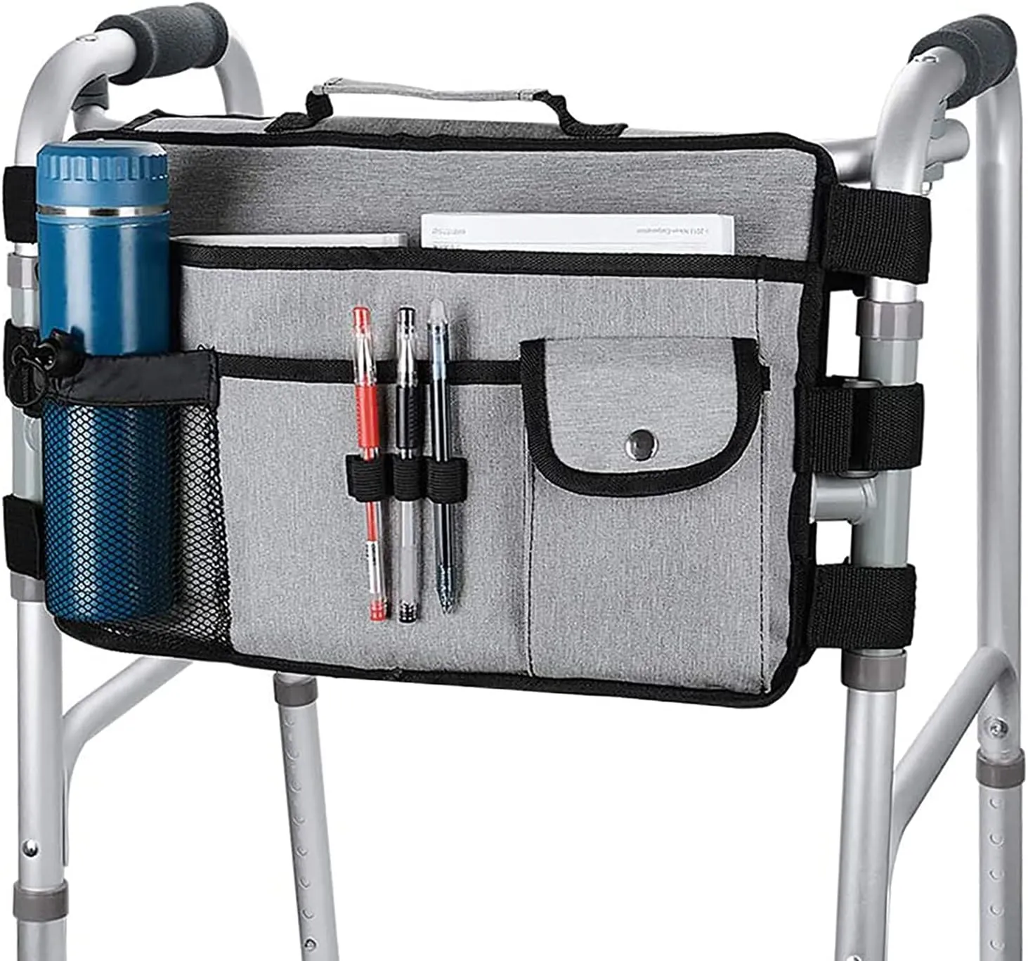 supregear Walker Bag for Seniors Folding Walker Accessories Bag (Double Sided), Walker Basket Caddy Large Capacity Waterproof Tote with 9 Pockets and Cup Holder