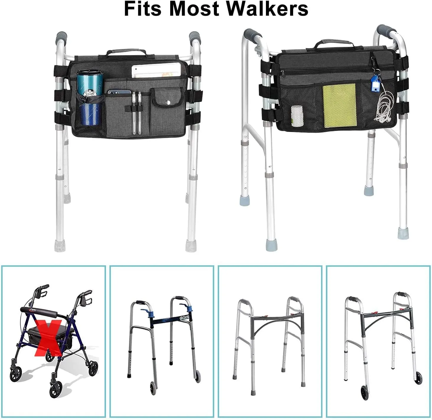 supregear Walker Bag for Seniors Folding Walker Accessories Bag (Double Sided), Walker Basket Caddy Large Capacity Waterproof Tote with 9 Pockets and Cup Holder