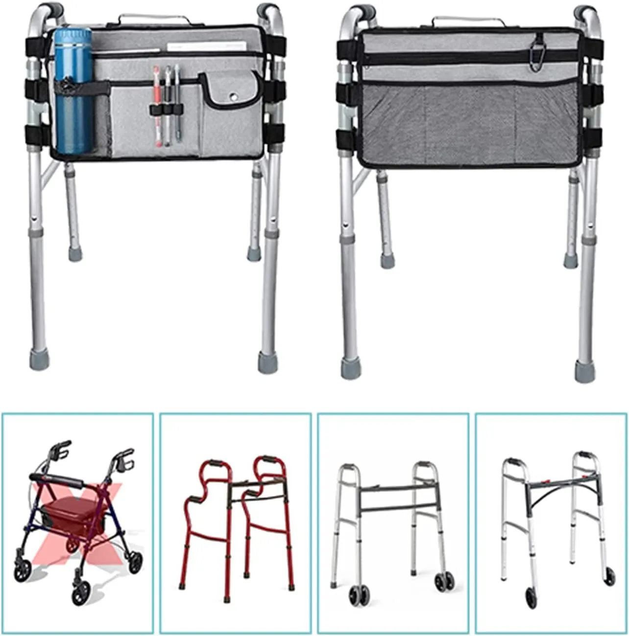 supregear Walker Bag for Seniors Folding Walker Accessories Bag (Double Sided), Walker Basket Caddy Large Capacity Waterproof Tote with 9 Pockets and Cup Holder