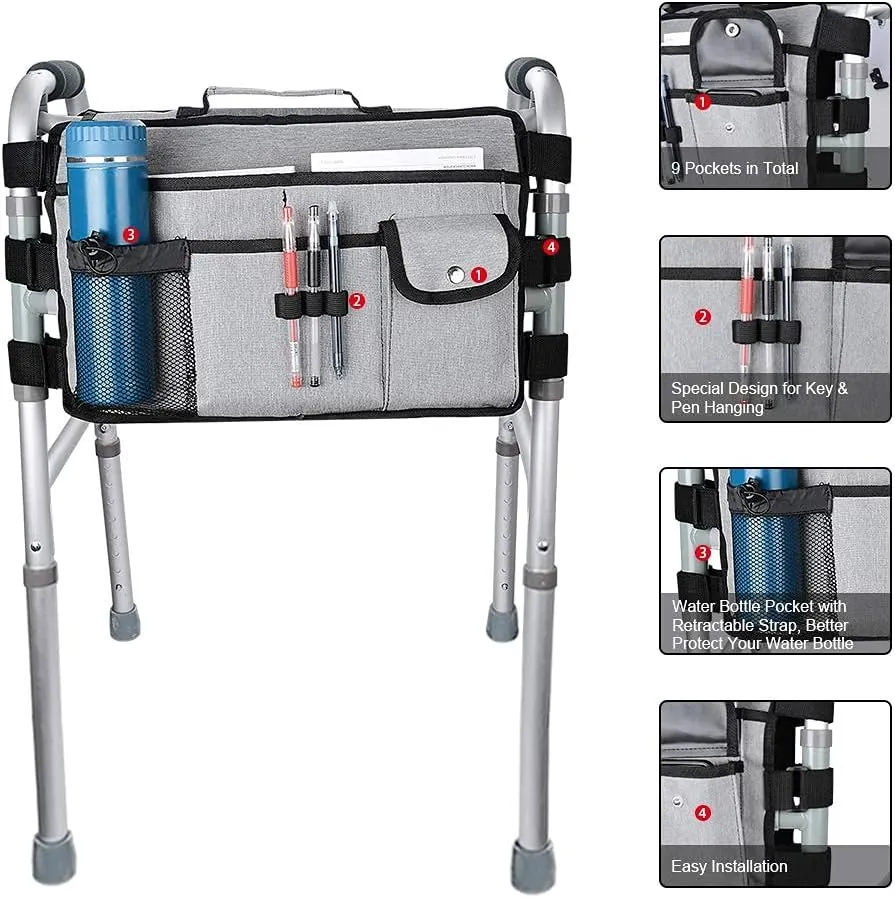 supregear Walker Bag for Seniors Folding Walker Accessories Bag (Double Sided), Walker Basket Caddy Large Capacity Waterproof Tote with 9 Pockets and Cup Holder