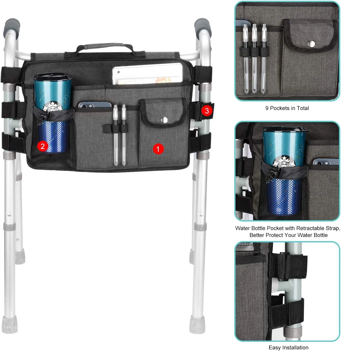 supregear Walker Bag for Seniors Folding Walker Accessories Bag (Double Sided), Walker Basket Caddy Large Capacity Waterproof Tote with 9 Pockets and Cup Holder