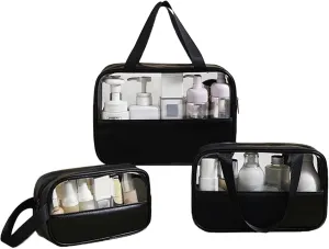 Surblue Toiletry Bag for Women Clear Cosmetics Bag Hanging Toiletry Bag for Men Waterproof Makeup Bags for Traveling Transparent Travel Organizer 3Pcs, Black