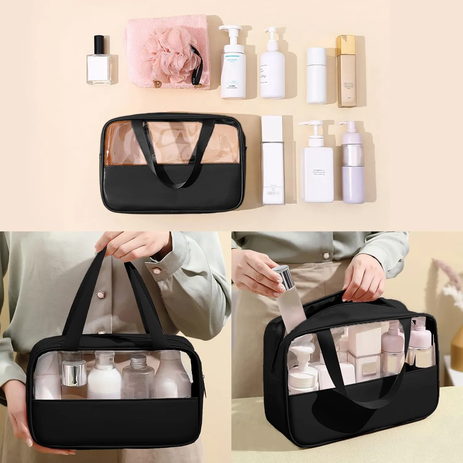 Surblue Toiletry Bag for Women Clear Cosmetics Bag Hanging Toiletry Bag for Men Waterproof Makeup Bags for Traveling Transparent Travel Organizer 3Pcs, Black