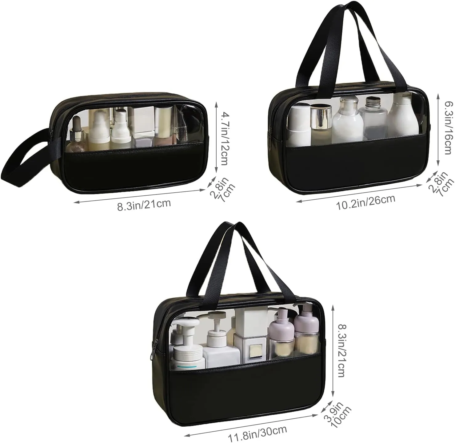 Surblue Toiletry Bag for Women Clear Cosmetics Bag Hanging Toiletry Bag for Men Waterproof Makeup Bags for Traveling Transparent Travel Organizer 3Pcs, Black