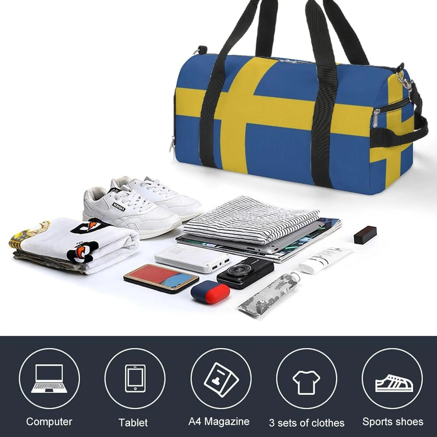 Swedish Flag Sports Duffel with Wet Pocket and Shoe Compartment Gym Bag for Travel Yoga