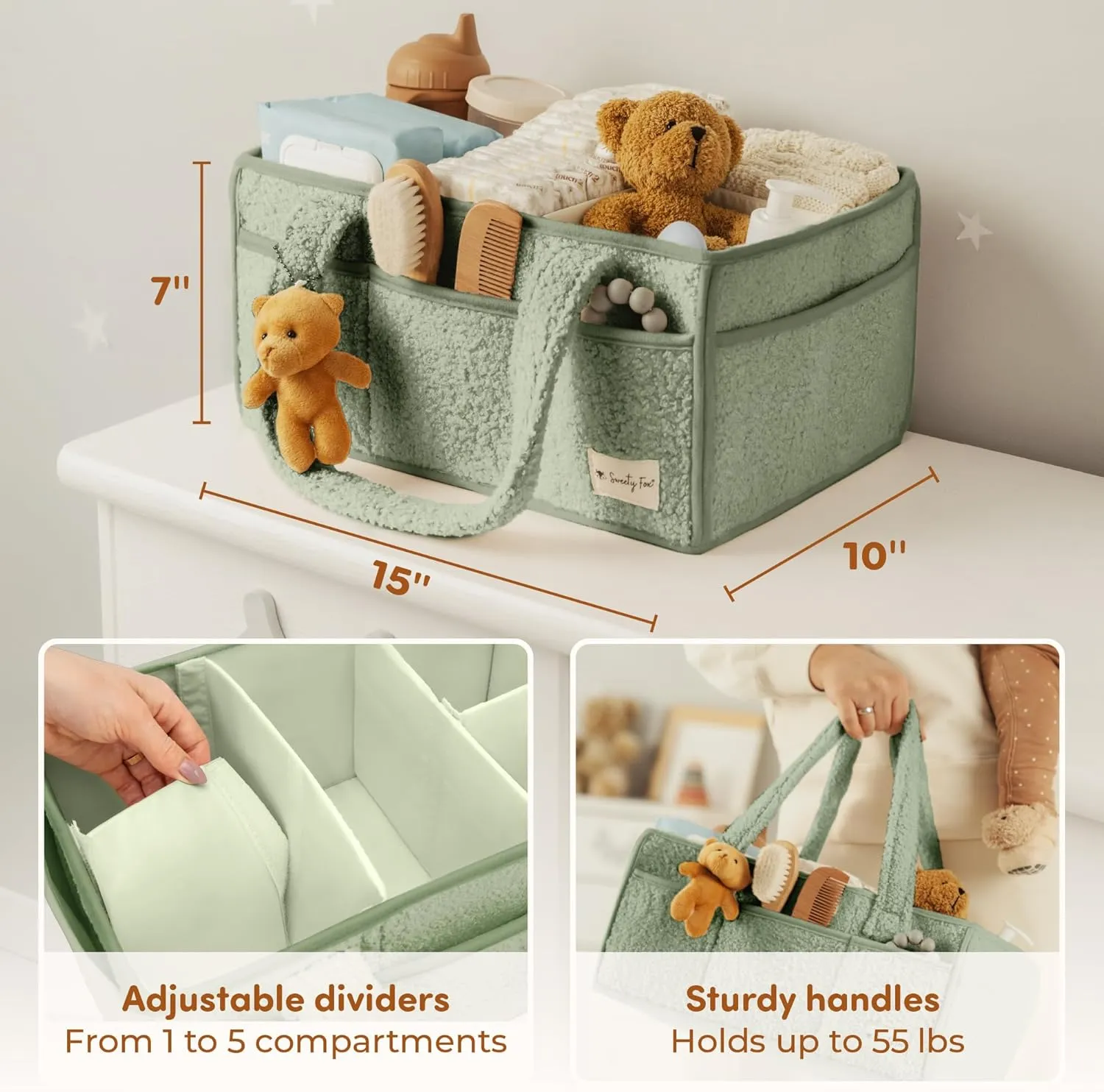 Sweety Fox Baby Diaper Caddy Organizer with Handle - Portable Sherpa Nursery Basket - Car Diaper Organizer, Cleaning Caddy, Gift for Baby Shower - Green