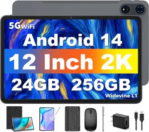Tablet 12 inch Android 15 Tablets, 24GB（8 16）RAM 256 Storage(Expand to 1TB), Android Tablet with Keyboard, Octa-Core, 2K 2000x1200 Display, 16MP Dual Camera, 8000mAh, 5G WiFi,GPS,Bluetooth 5.0（Black）