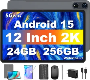 Tablet 12 inch Android 15 Tablets, 24GB（8 16）RAM 256 Storage(Expand to 1TB), Android Tablet with Keyboard, Octa-Core, 2K 2000x1200 Display, 16MP Dual Camera, 8000mAh, 5G WiFi,GPS,Bluetooth 5.0（Silver）