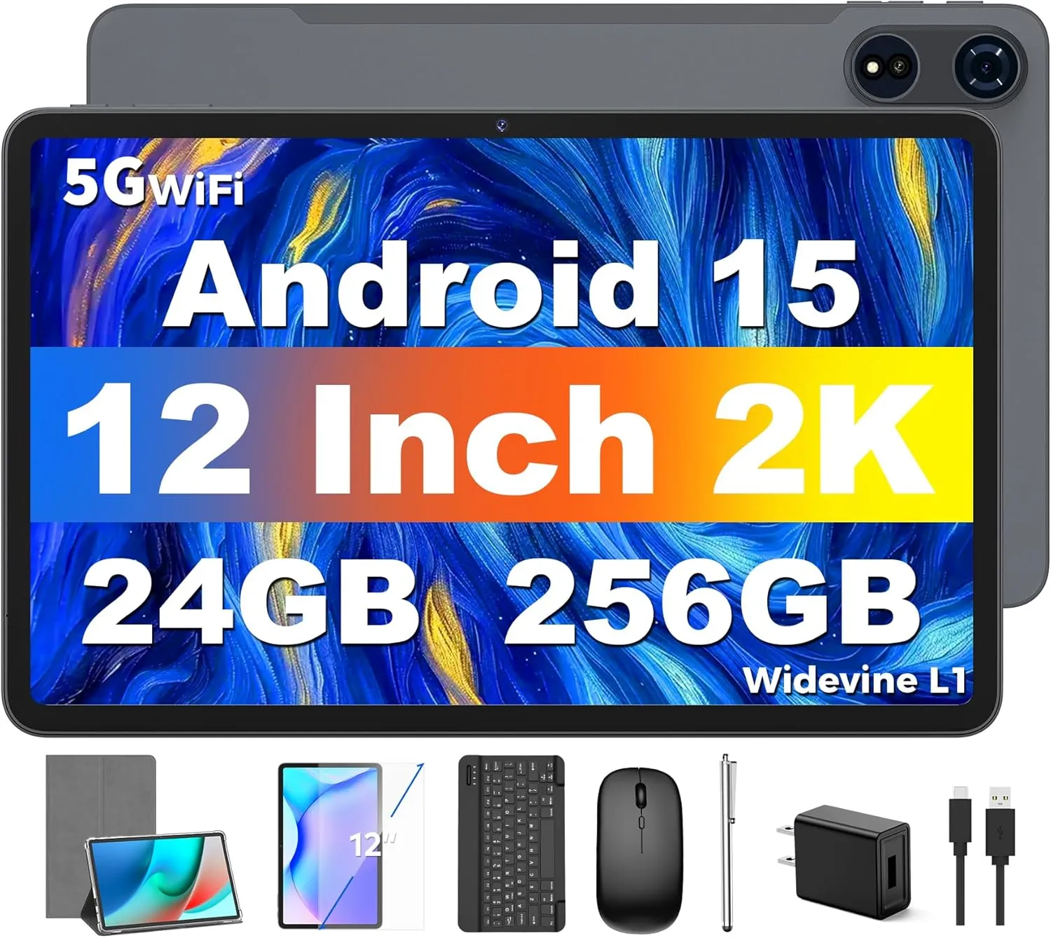 Tablet 12 inch Android 15 Tablets, 24GB（8 16）RAM 256 Storage(Expand to 1TB), Android Tablet with Keyboard, Octa-Core, 2K 2000x1200 Display, 16MP Dual Camera, 8000mAh, 5G WiFi,GPS,Bluetooth 5.0（Silver）