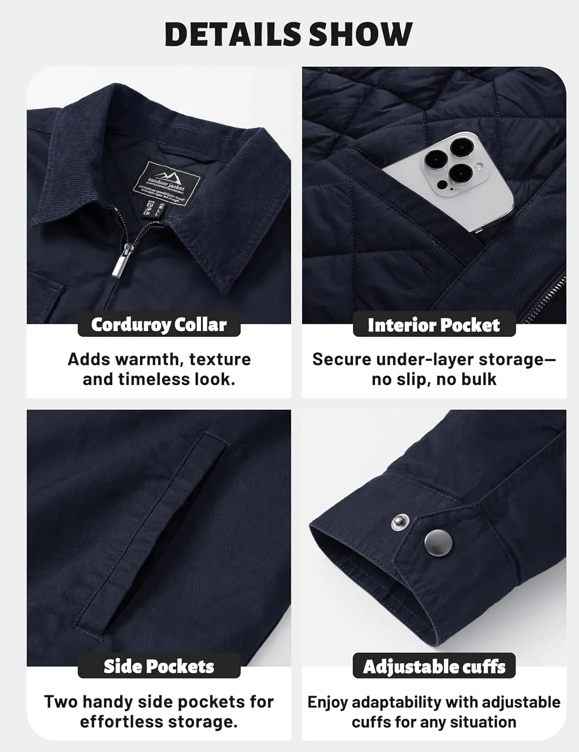 TACVASEN Men's Winter Quilted Casual Cargo Jacket Corduroy Collar Cotton Shacket with Button Pockets for Comfort and Style