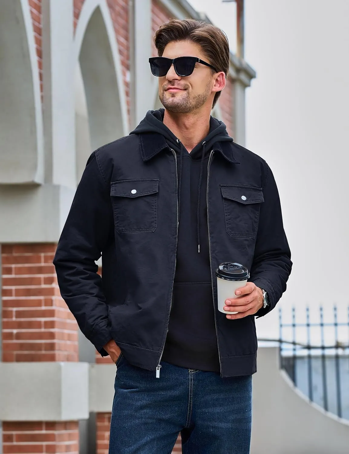 TACVASEN Men's Winter Quilted Casual Cargo Jacket Corduroy Collar Cotton Shacket with Button Pockets for Comfort and Style