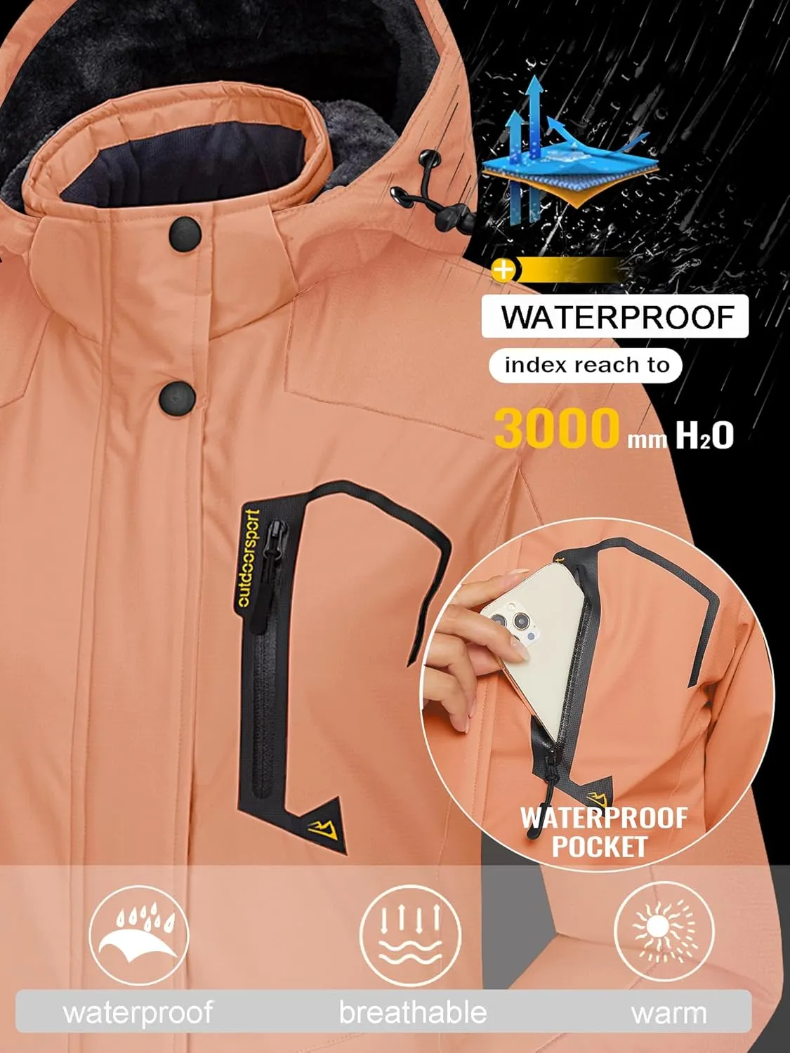 TACVASEN Women's Winter Jacket Waterproof Ski Jacket Hooded Fleece Lined Warm Snow Coat Mountain Windproof Rain Windbreaker