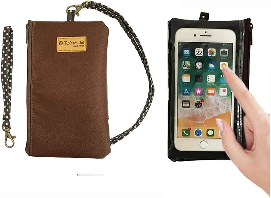 Tainada Phone Wristlet Purse 2 in 1 Pouch with Clear View Window Touch Screen & Detachable Neck Lanyard, Wristlet Strap for iPhone 11/12 Pro Max, Samsung S20 Ultra, Note 20 Ultra (Brown)