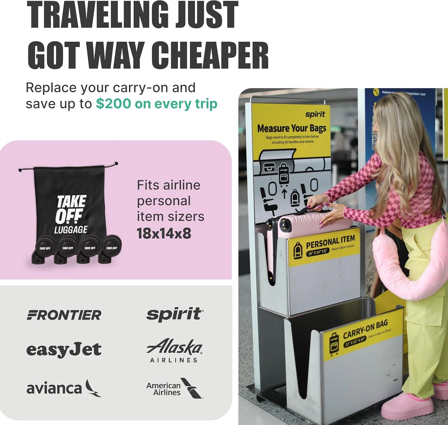 Take OFF Luggage 3.0 - Personal Item, 18x14x8 Inches, Underseat Suitcase with Removable Wheels, Hard Shell Luggage, Small Carry On Overnight Weekender, Airport & Travel Essentials, TSA Approved, Pink