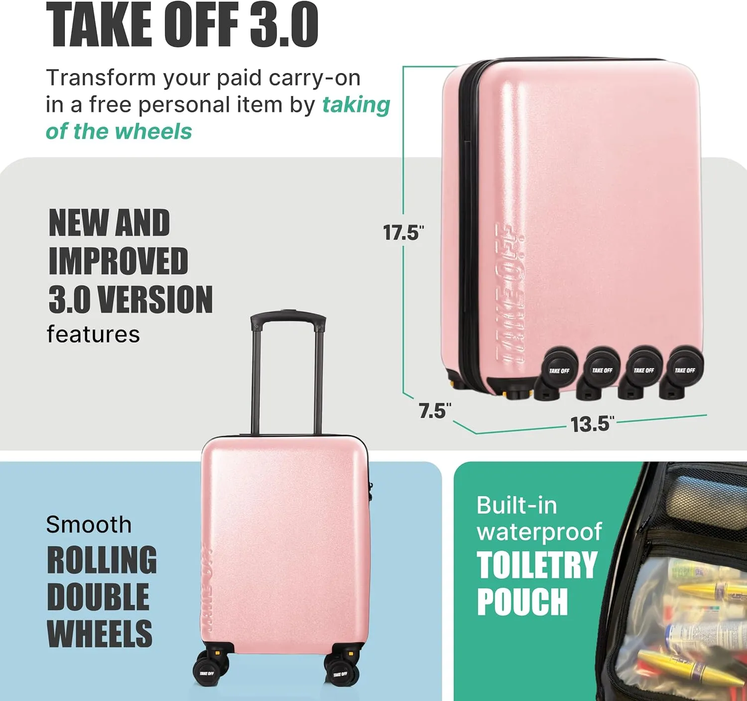 Take OFF Luggage 3.0 - Personal Item, 18x14x8 Inches, Underseat Suitcase with Removable Wheels, Hard Shell Luggage, Small Carry On Overnight Weekender, Airport & Travel Essentials, TSA Approved, Pink