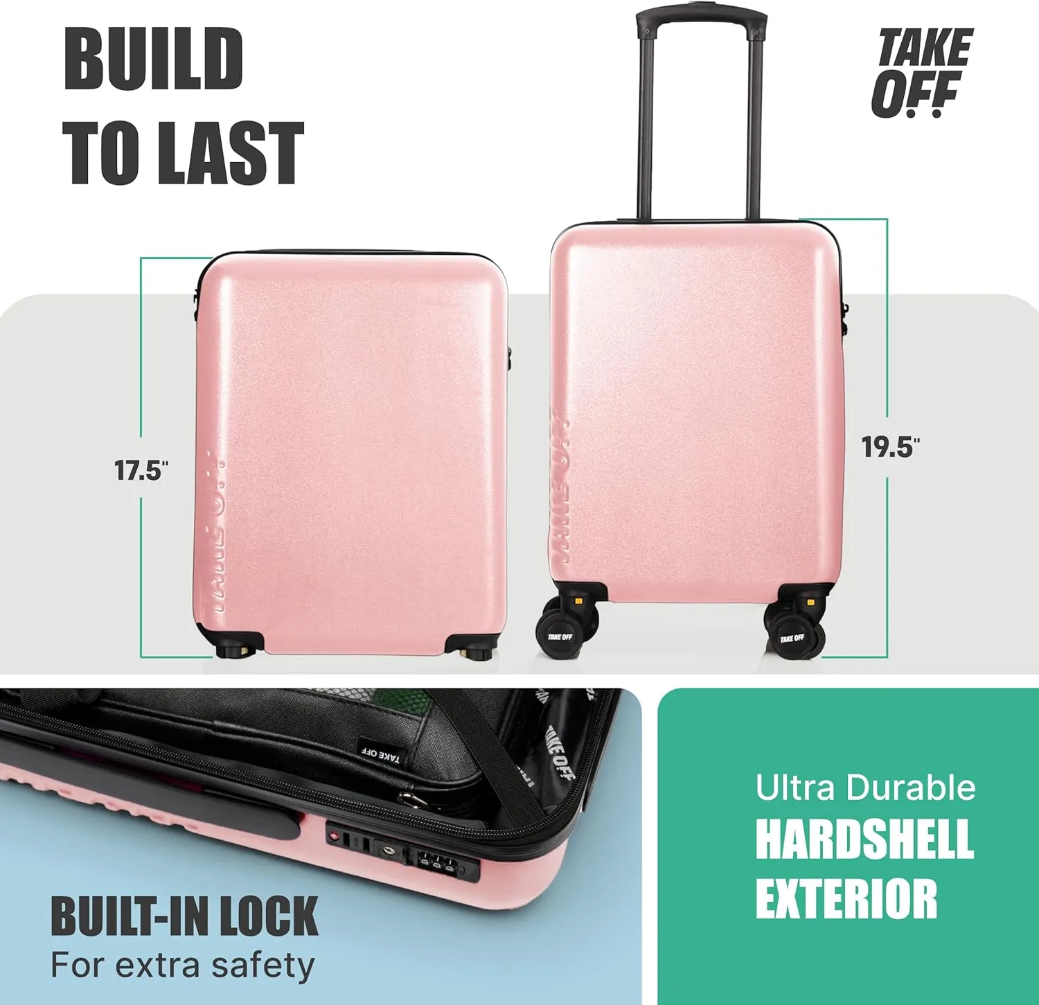 Take OFF Luggage 3.0 - Personal Item, 18x14x8 Inches, Underseat Suitcase with Removable Wheels, Hard Shell Luggage, Small Carry On Overnight Weekender, Airport & Travel Essentials, TSA Approved, Pink