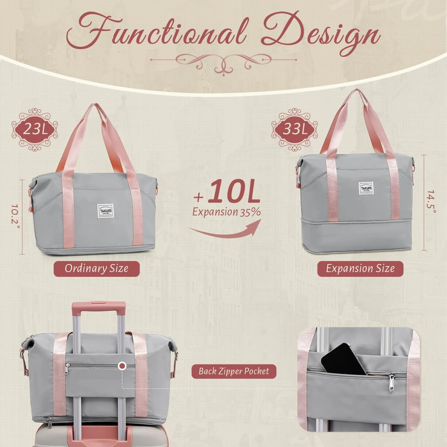 TAKUMI Carry On Luggage Set 3 Piece with Duffel Bag ABS Hardshell Luggage with Double Spinner Wheels Travel Luggage with TSA Lock Lightweight Suitcase Set (GREY PINK, 3 PIECE SET(20/DB/TB))