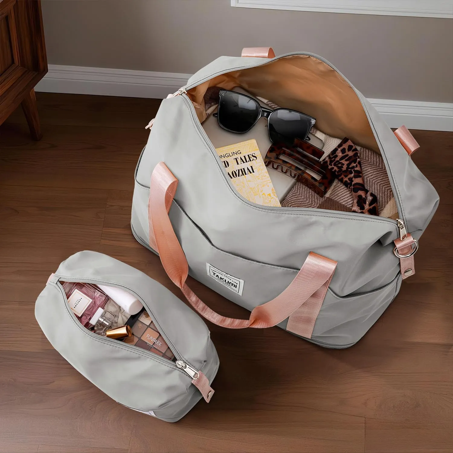 TAKUMI Carry On Luggage Set 3 Piece with Duffel Bag ABS Hardshell Luggage with Double Spinner Wheels Travel Luggage with TSA Lock Lightweight Suitcase Set (GREY PINK, 3 PIECE SET(20/DB/TB))