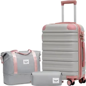 TAKUMI Carry On Luggage Set 3 Piece with Duffel Bag ABS Hardshell Luggage with Double Spinner Wheels Travel Luggage with TSA Lock Lightweight Suitcase Set (GREY PINK, 3 PIECE SET(20/DB/TB))