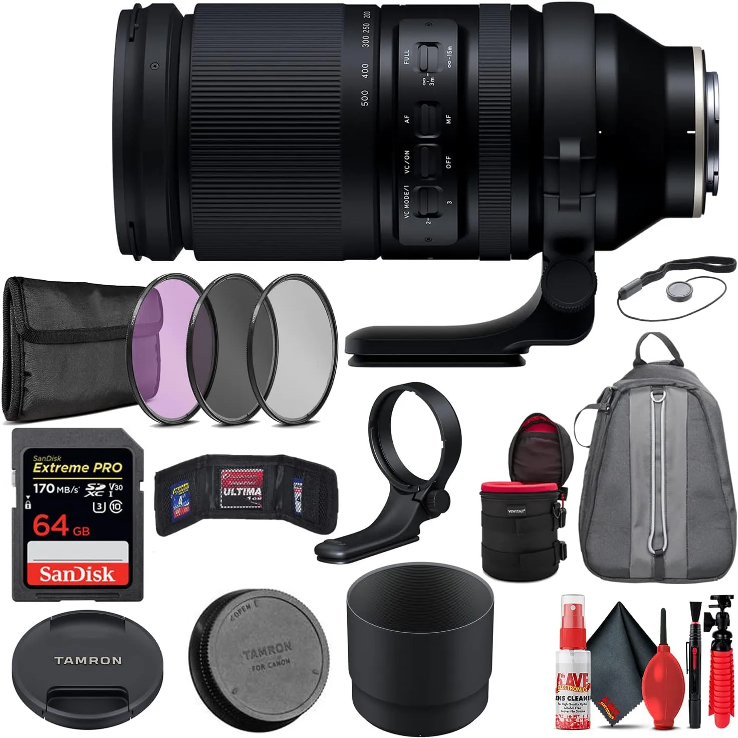 Tamron 150-500mm f/5-6.7 Di III VXD Lens for Sony E-Mount (AFA057S-700) Bundle: 64GB SD Card, Backpack, 82MM Filter Set, 10" Lens Case, SD Card Pouch, Lens Cap, Lens Cleaner (INTL Model)