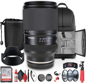 Tamron 28-300mm f/4-7.1 Di III VC VXD Lightweight Lens for (Sony E) Mirrorless Cameras (A074)   64GB Memory Card   Filter Kit   Backpack   Lens Pouch   Flexible Tripod   Cap Keeper   More